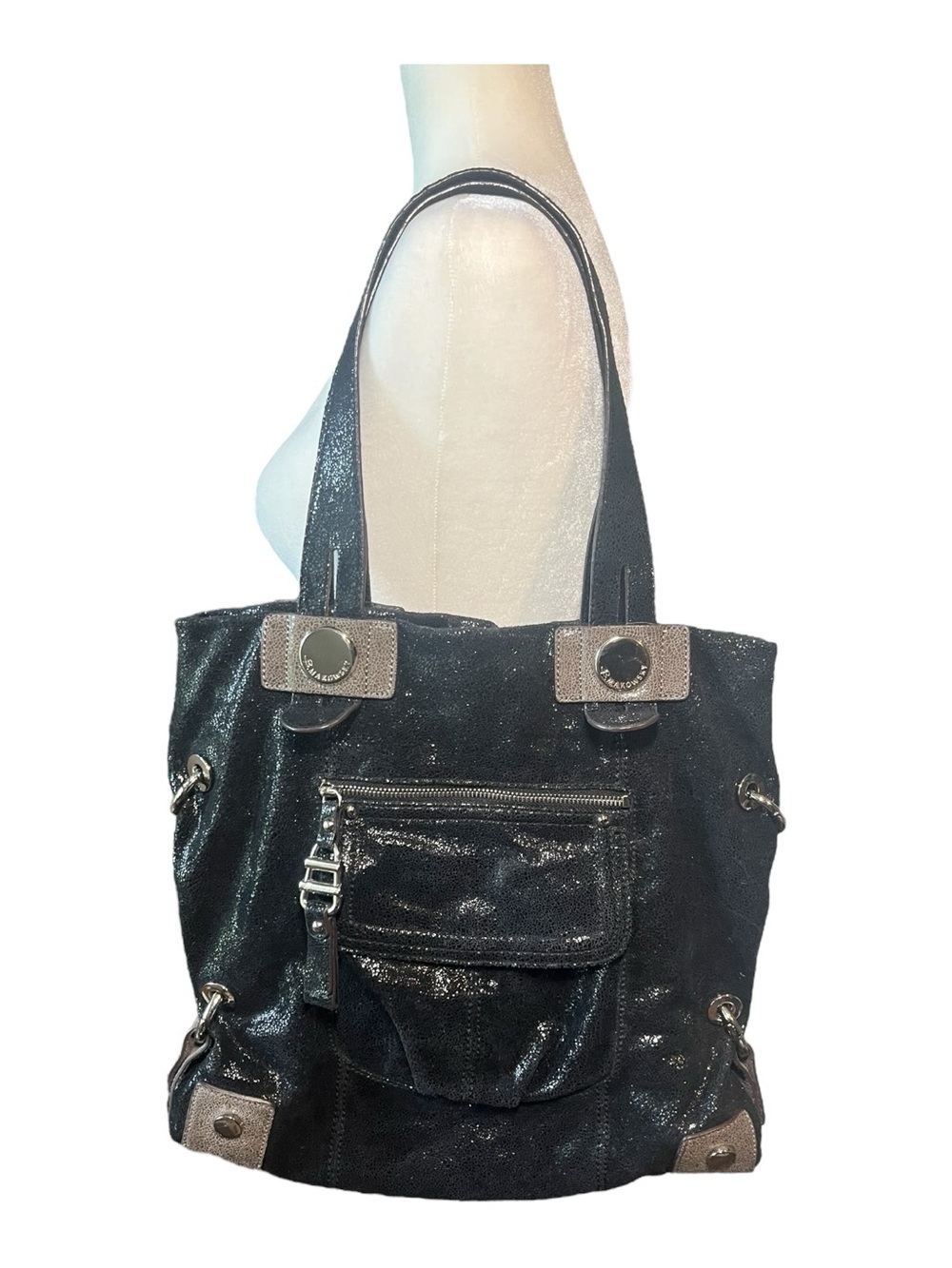 B. Makowsky Black Crackle Shimmer Genuine Leather Hobo Shoulder Bag | Y2K - Picture 1 of 8
